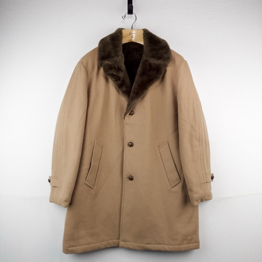 70's Vtg Wool Men's L/XL 44 Car Coat Overcoat Camel Brown Faux Fur Lining Collar